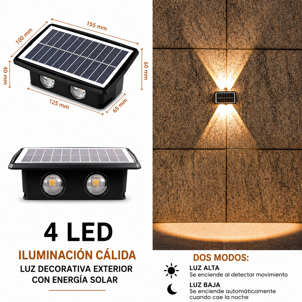 SolarWall Pro 4LED – Lámpara Solar Exterior Inteligente Doble Luz